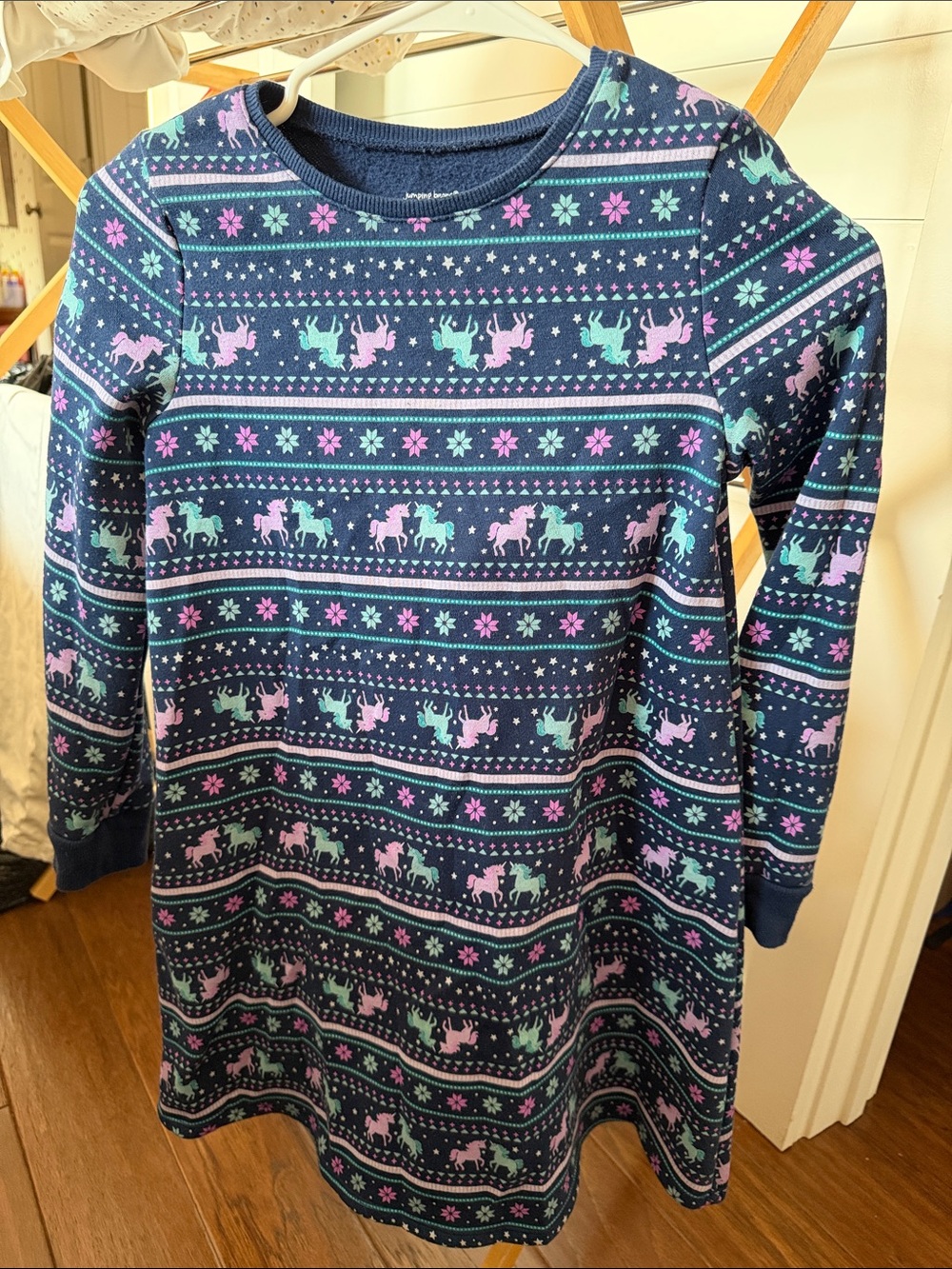 Kids Frozen Navy Unicorn Fair Isle Dress - Purple & Teal